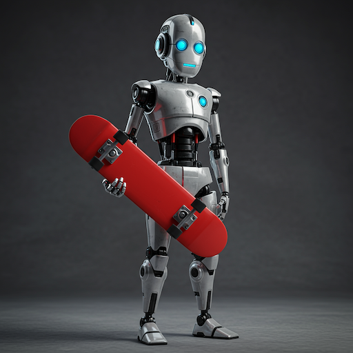 Kırmızı bir kaykay tutan robotun yapay zeka tarafından üretilmiş resmi