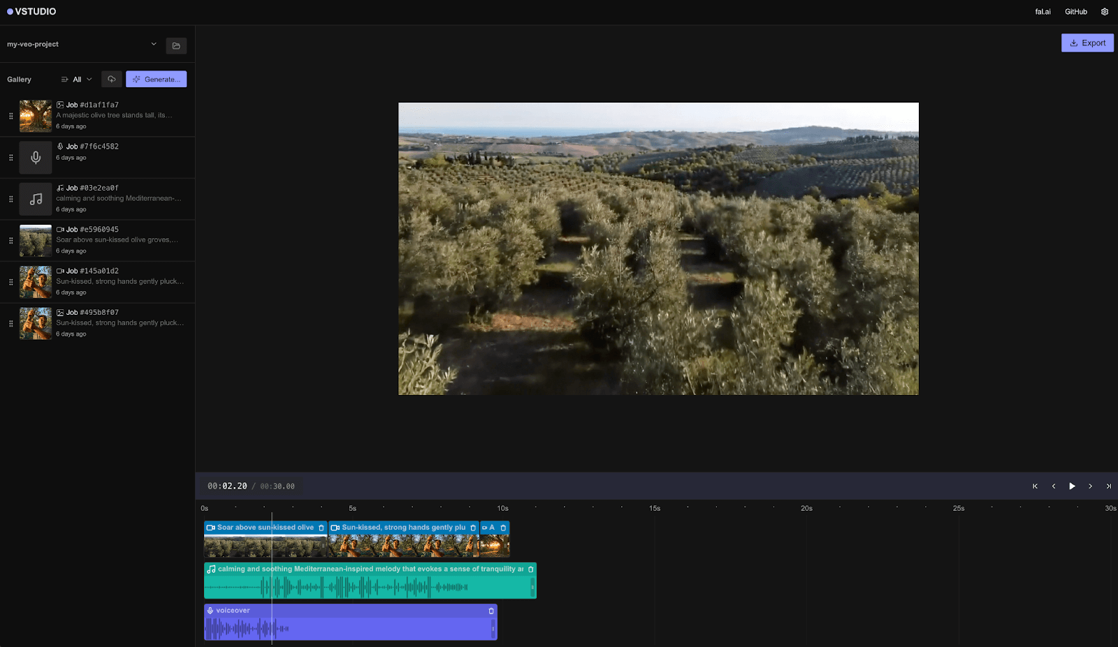 Benutzeroberfläche von VSTUDIO, einem Video-Editor auf der fal.ai-Plattform, mit einer Videovorschau eines Olivenhains. Im linken Bereich wird eine Galerie mit Assets angezeigt. Unter der Vorschau befindet sich eine mehrspurige Zeitachse mit Video-, Audio- und Voiceover-Clips.