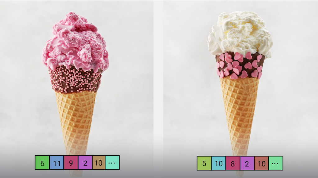 Two example images of ice cream cones that include the numerical embeddings of the images as arrays