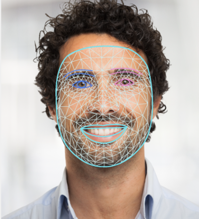 A man with the regions of his face geometrically mapped out to indicate his face's shape and dimensions
